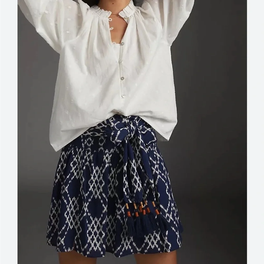 Anthropologie Navy Blue Rimbaud Tie-Waist Cotton Mini Skirt - Picture 1 of 11